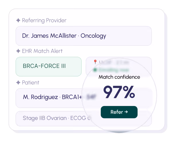 EHR alert showing 97% match confidence for patient M. Rodriguez with referring provider Dr. James McAllister.